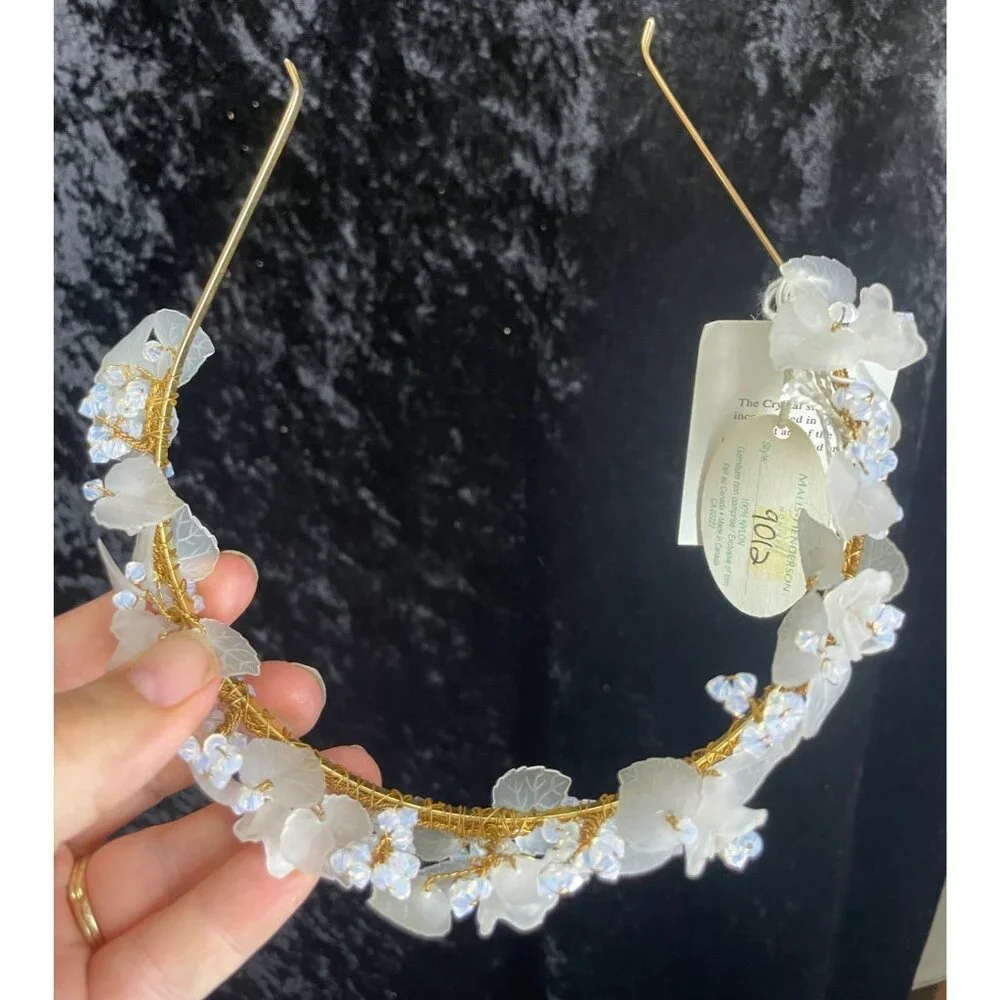 Elen Henderson Gold Frosted Leaves Flowers Swarovski CrystalBridal Headpiece NEW